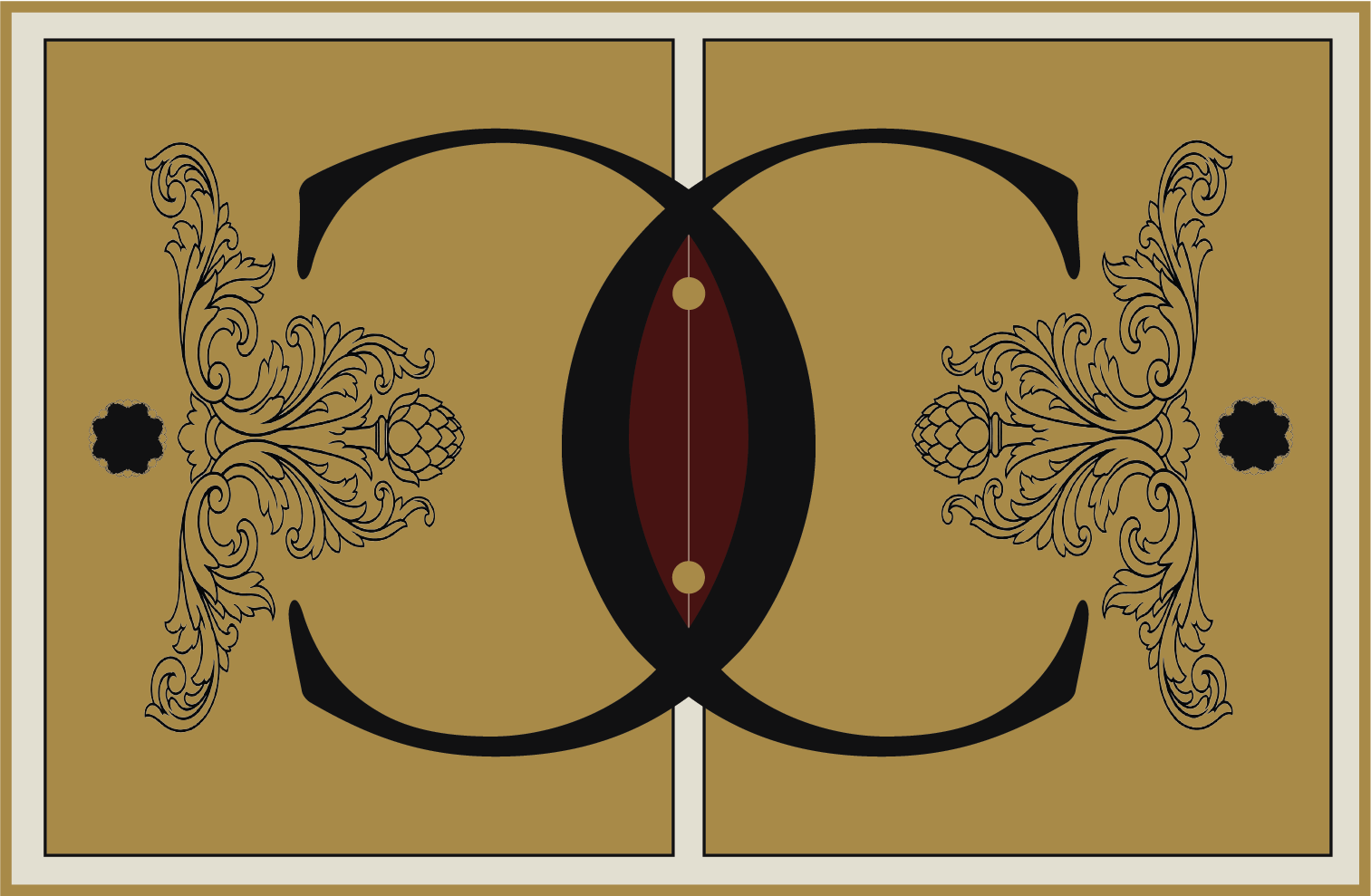 Symmetrical decorative design with ornate floral patterns, large black 'C' shapes, a central eye-shaped element with red and gold accents, on a gold background.