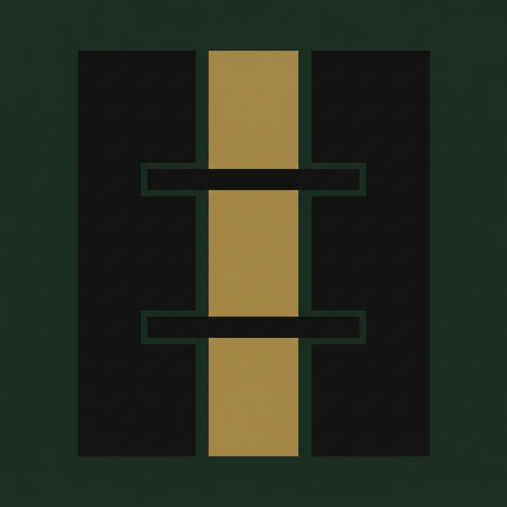 Abstract geometric art featuring black, gold, and dark green colors with horizontal bars across a vertical gold stripe.