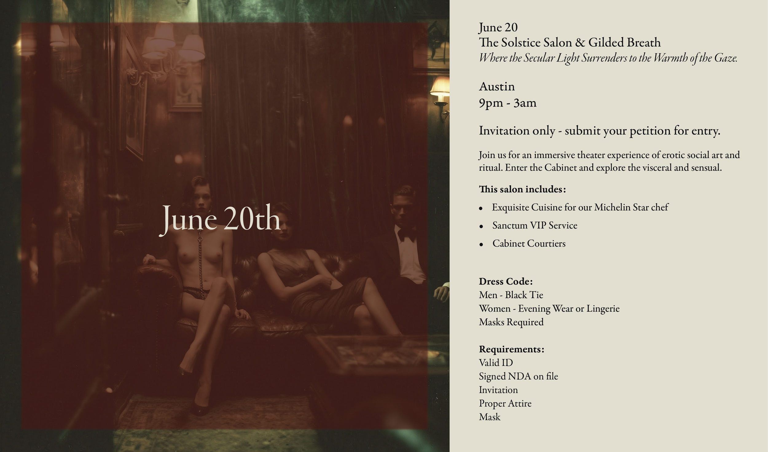 Event invitation featuring a partially obscured vintage photograph of three people in an elegant, dimly lit room. The woman in the center is topless, seated on a couch, flanked by two men in suits, all appearing to be from a past era.