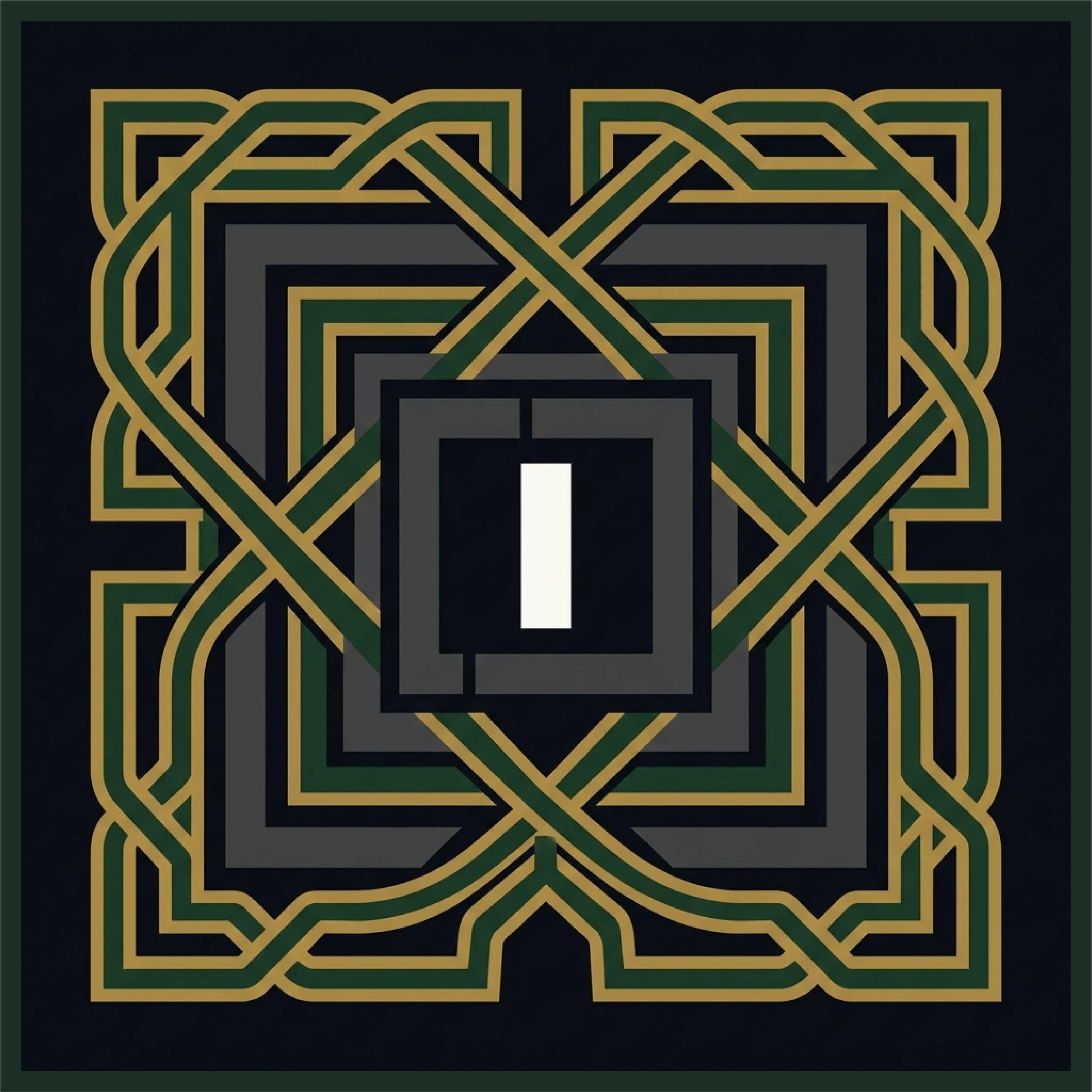 Ornate symmetrical geometric pattern with black, gold, green, and gray colors, featuring intertwining lines and borders.