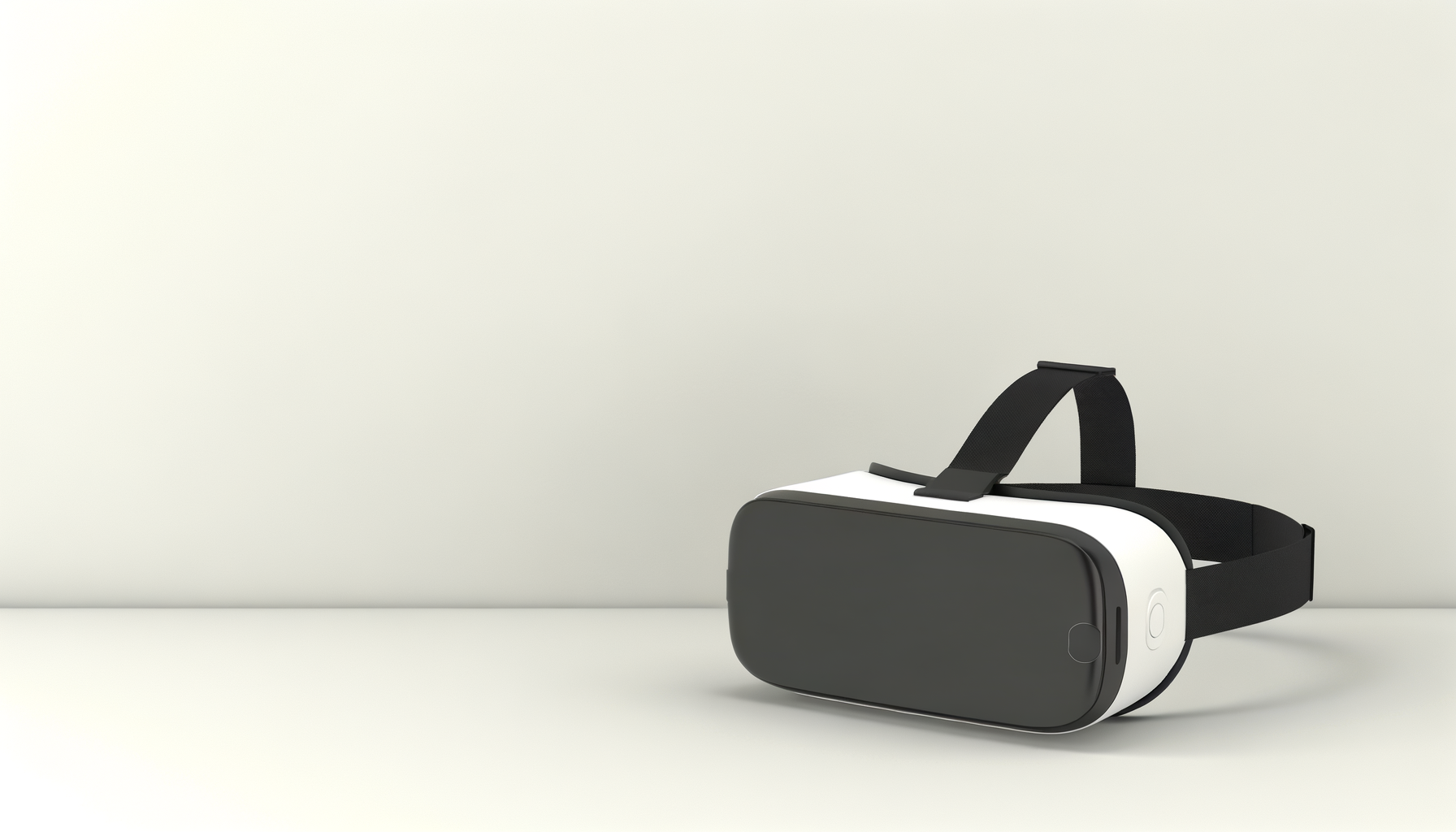 A virtual reality headset with black and white design and adjustable straps, placed on a plain light background.