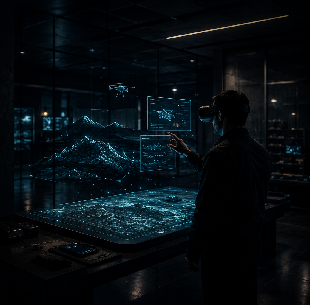 A person wearing a virtual reality headset interacts with digital holographic charts, graphs, and 3D models of mountains and helicopters in a dark, high-tech environment.