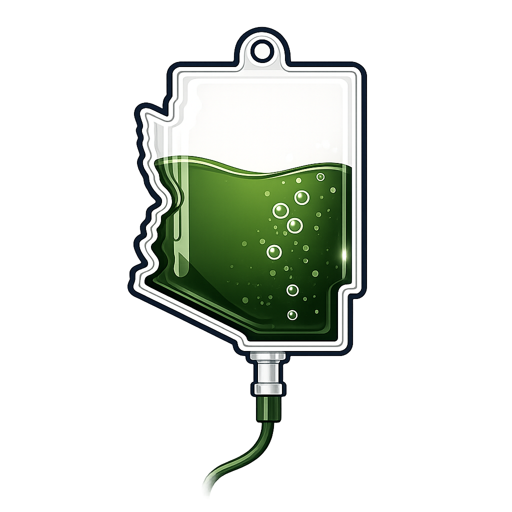 A cartoon-style medical IV drip bag filled with green liquid, connected to a tube.