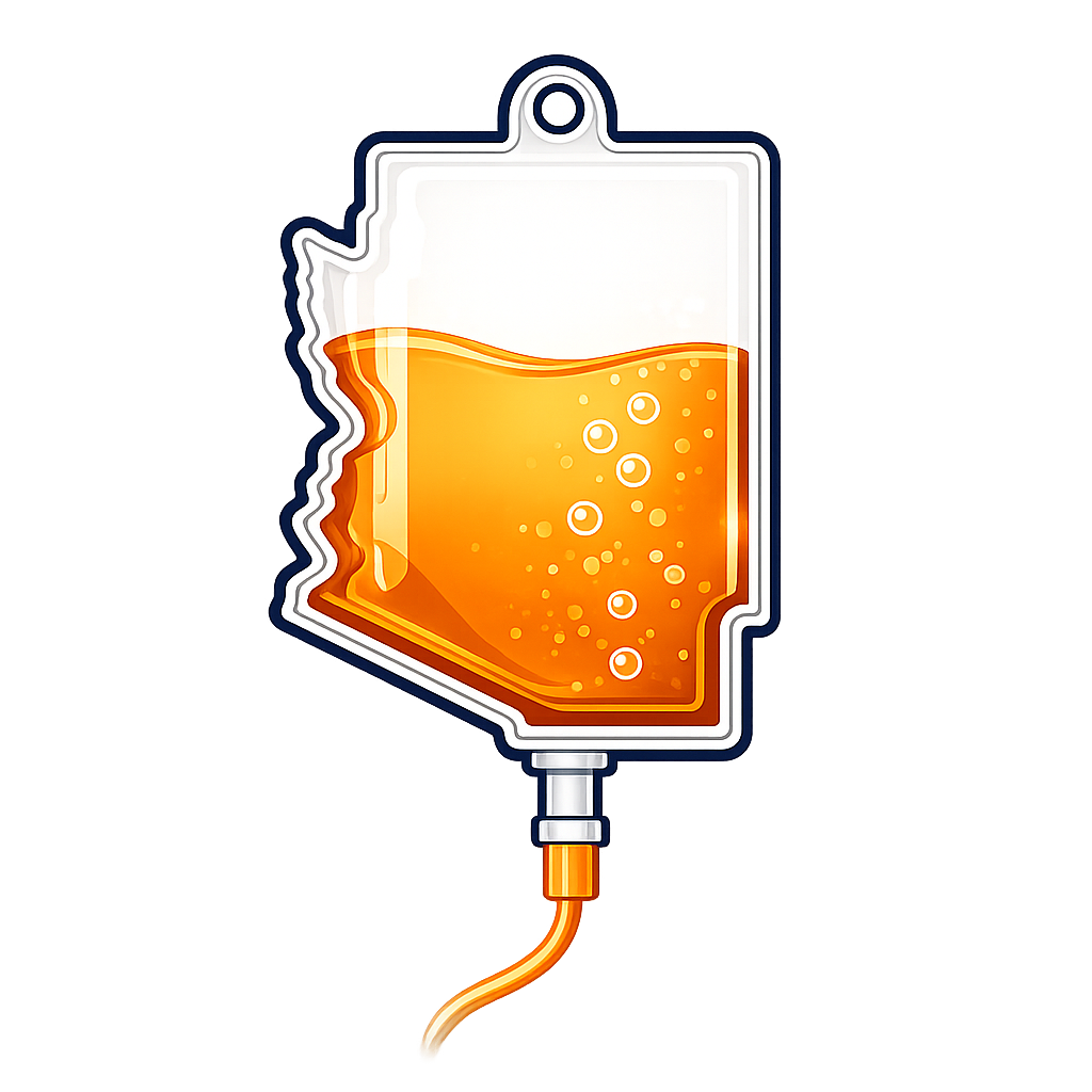 Illustration of an IV drip with orange liquid, likely representing an IV bag filled with a beverage or medicine, with bubbles inside, attached to an orange tube.