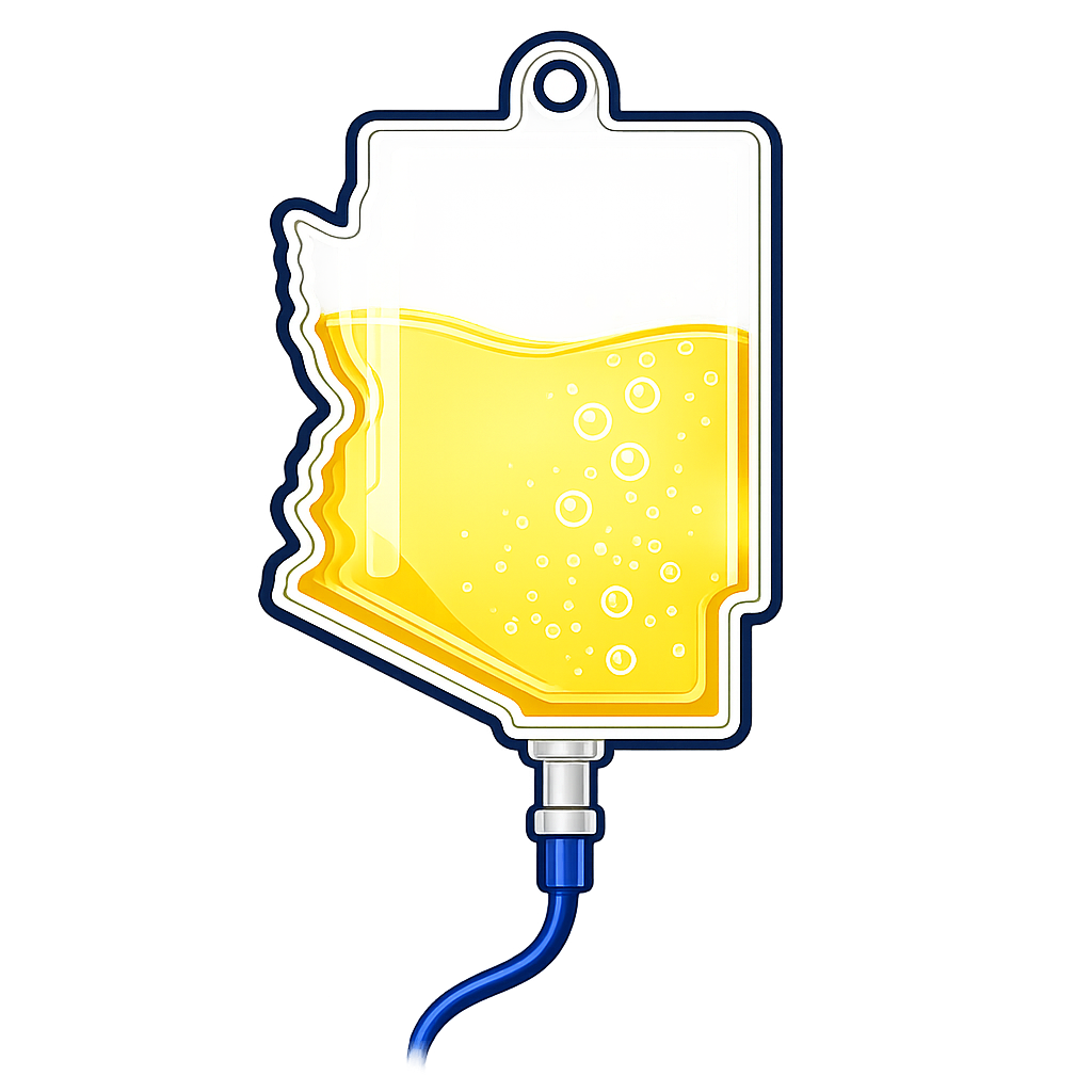 A stylized illustration of an IV drip bag filled with beer, with bubbles and foam, hanging from a stand.