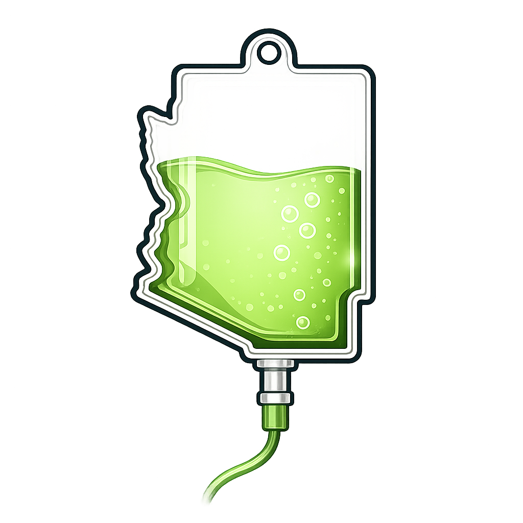 A cartoon-style IV drip bag filled with green liquid, hanging against a dark background with purple and pink neon lighting effects.