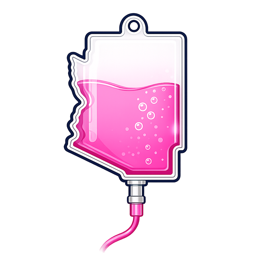 A cartoon-style illustration of an IV drip bag filled with pink liquid, with bubbles inside, hanging against a dark background.