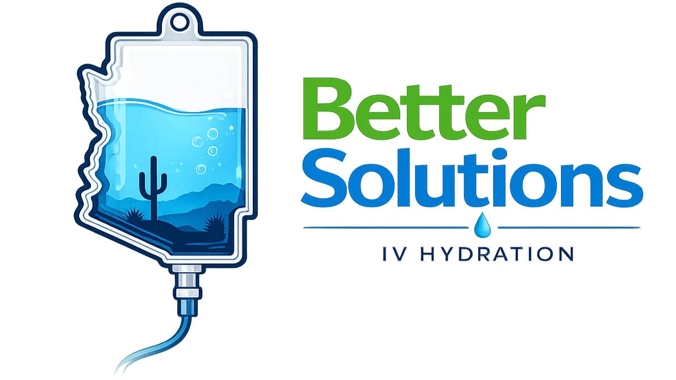A water droplet with the shape of Arizona filled with a desert landscape and a cactus, accompanied by the text "Better Solutions In Hydration" with a water droplet in the middle of the word "Solutions."