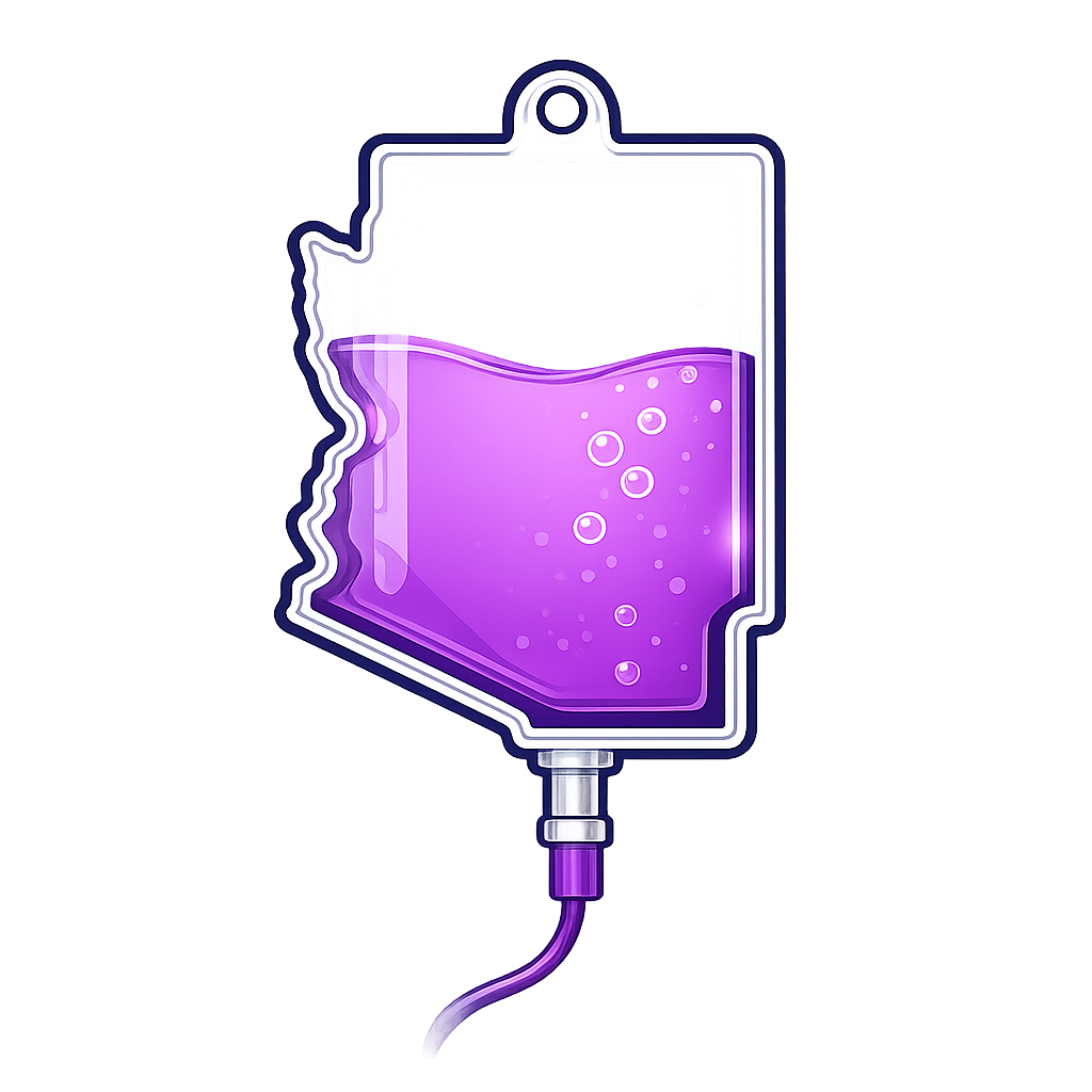 An illustration of an IV drip bag with purple liquid, hanging against a dark background.