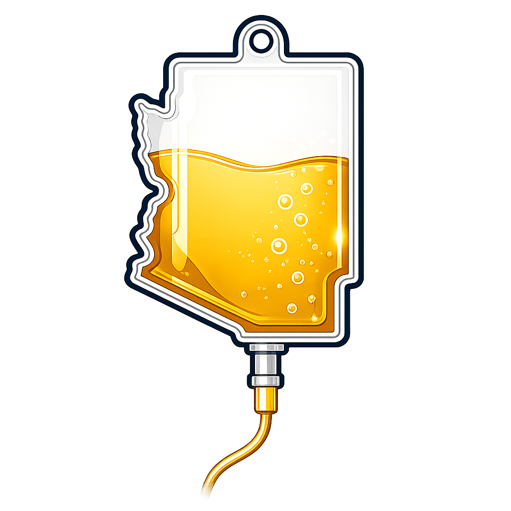 An illustration of an IV bag filled with yellow liquid, connected to a tube, with a bubble inside the liquid.