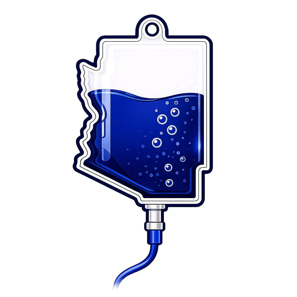 Illustration of an IV drip bag with dark blue liquid, connected to a tube.