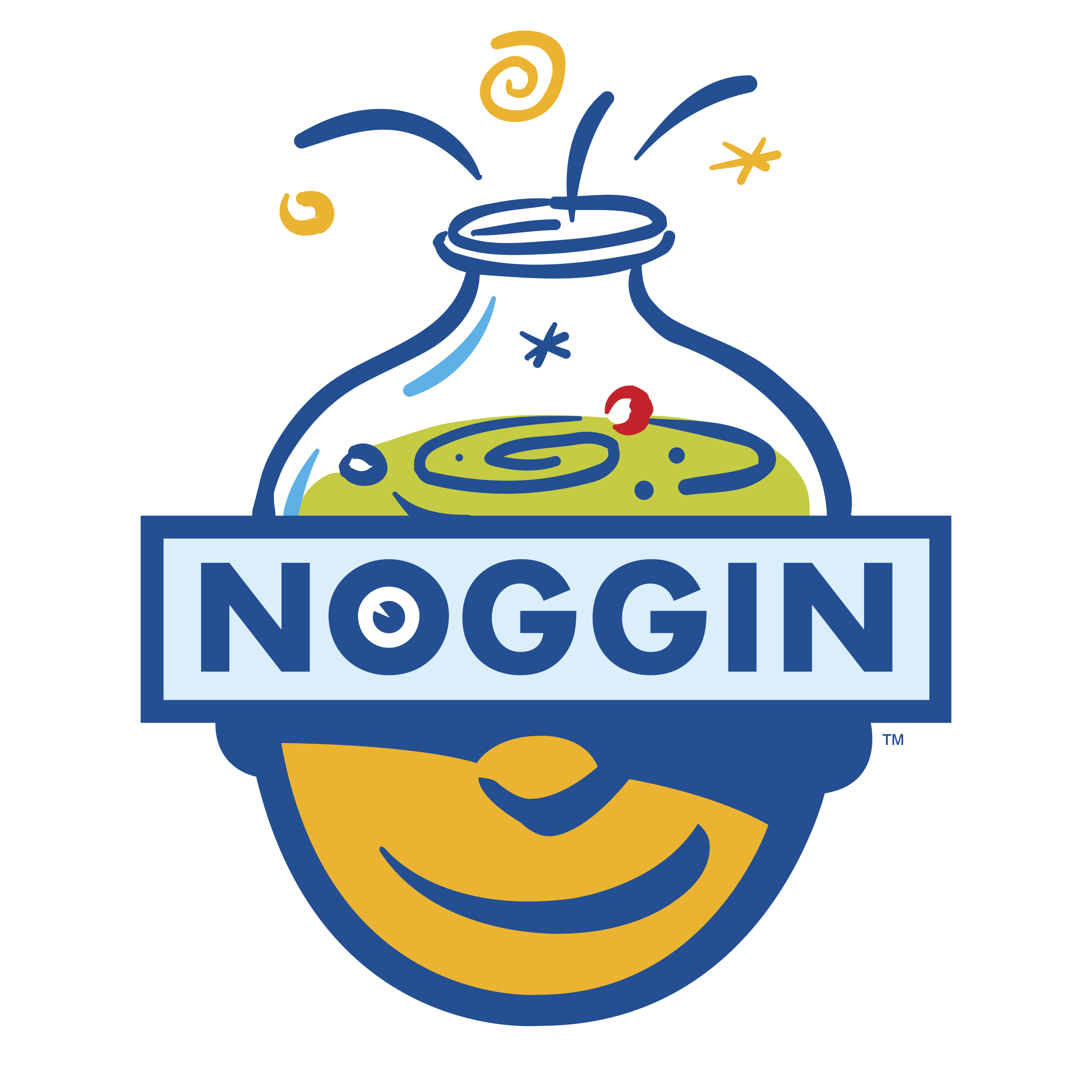 A logo featuring a cartoon lightbulb with a smiling face, a yellow hand giving a thumbs-up, and a blue background with yellow and blue decorative elements. The word 'NOGGIN' appears prominently on the badge below the lightbulb.