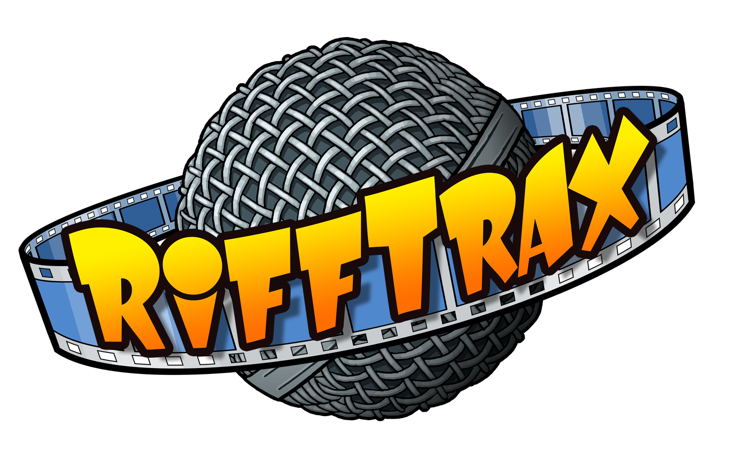 Logo for RadioTrax with a microphone wrapped in a film strip.