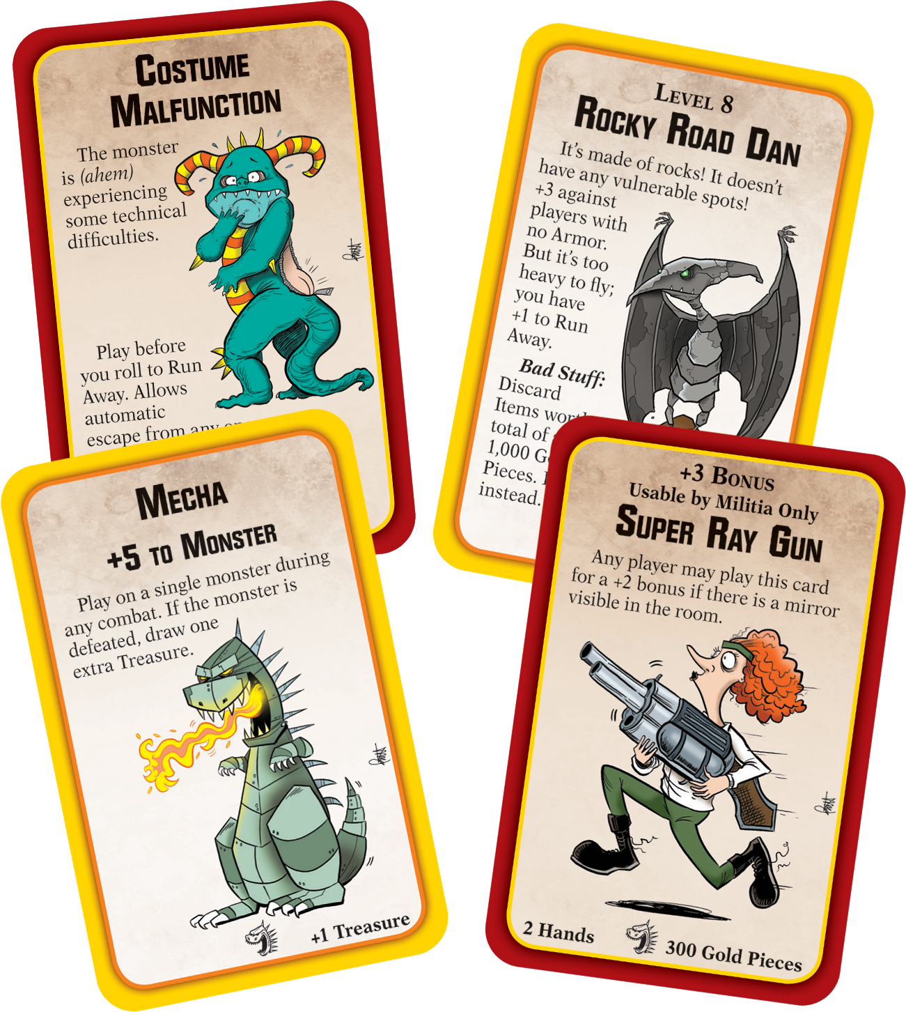 Four illustrated game cards with fantasy and humorous themes. The cards include 'Costume Malfunction' featuring a blue monster with horns and fangs, 'Rocky Road Dan' displaying a rock creature, 'Mecha' showing a robotic dinosaur breathing fire, and 'Super Ray Gun' with a girl holding a large gun.
