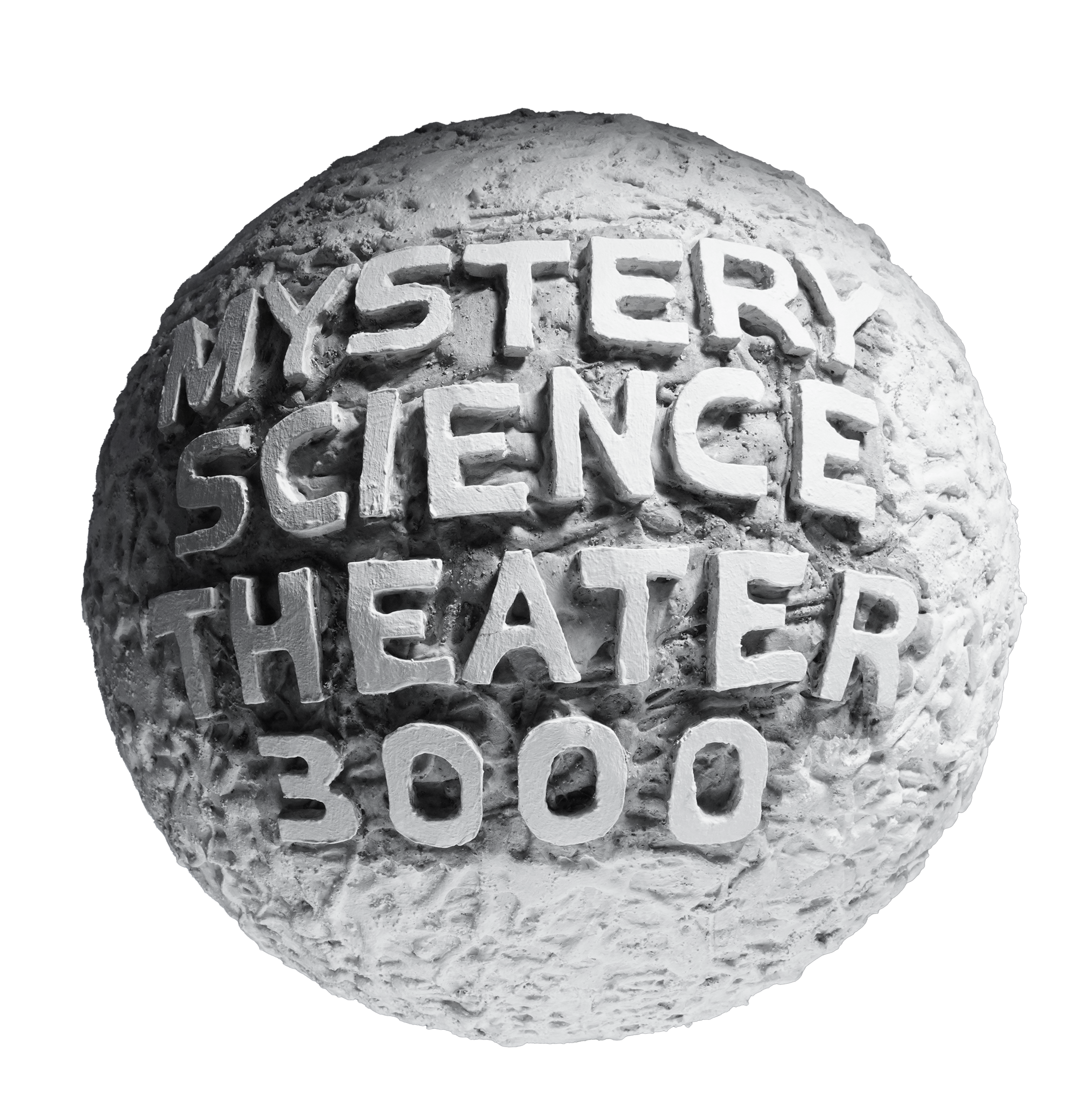 Spherical object resembling a moon with the words 'MY STORY NEVER ENDS' carved into its surface.