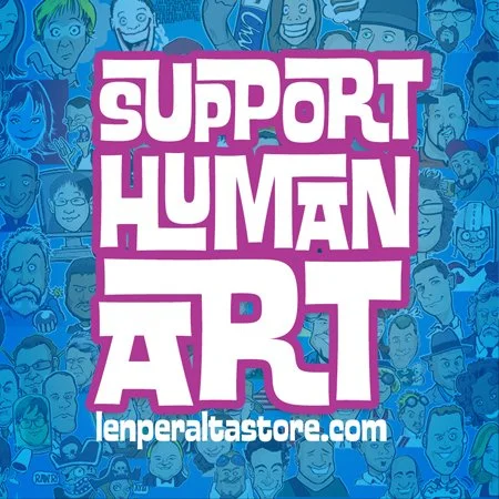 Support Human Art logo with a blue background and illustrations of diverse people supporting each other, promoting the website enperaltastore.com.