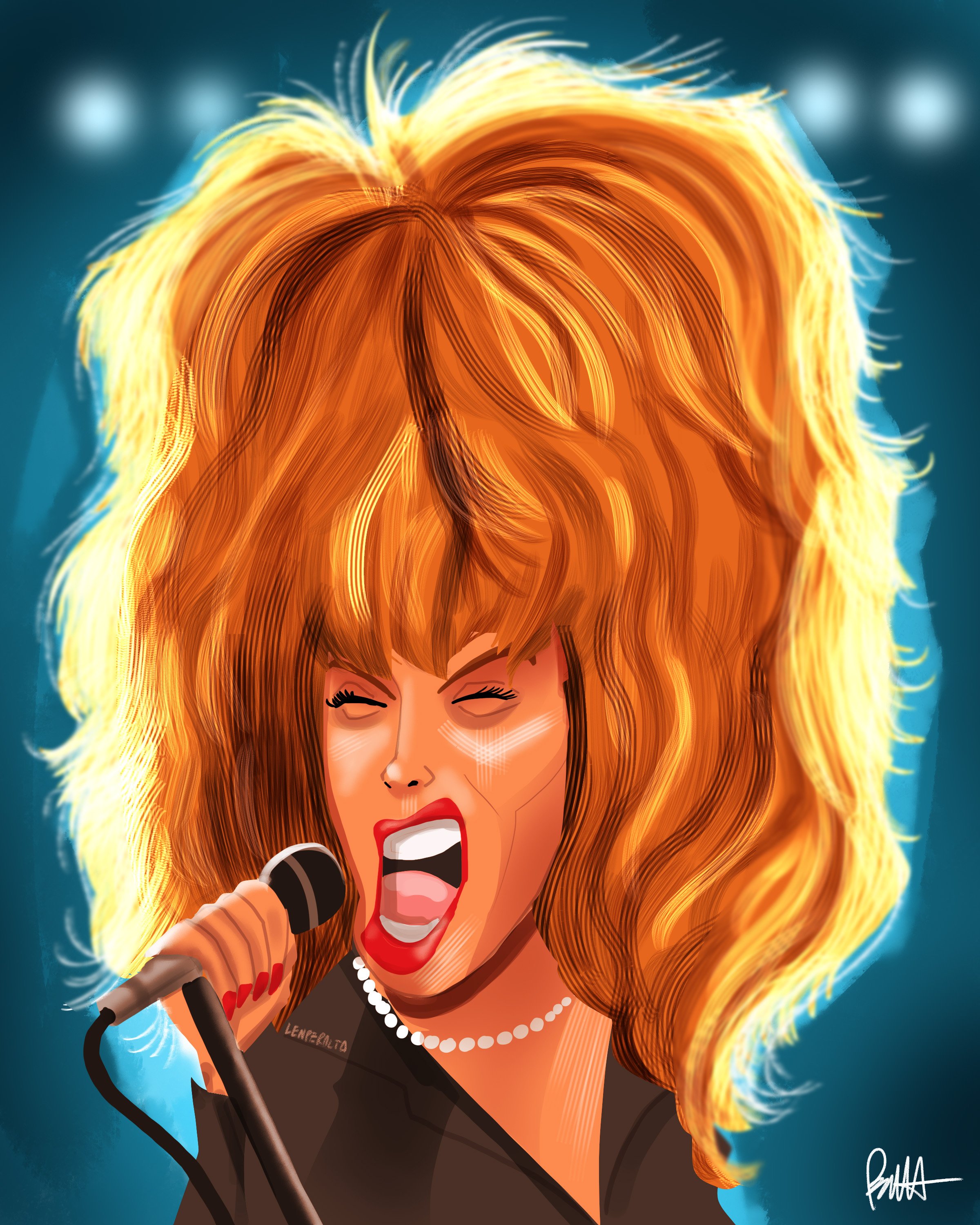A woman with a large, voluminous hairstyle singing passionately into a microphone, wearing a pearl necklace and a black dress, with a bright background.