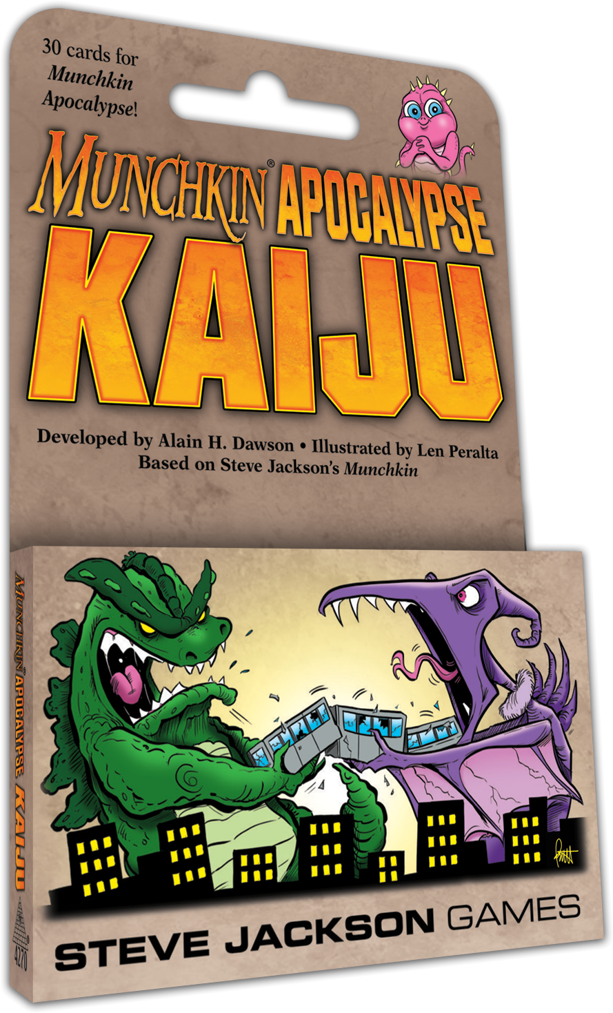 A board game box titled "Munchkin Apocalypse Kaiju" featuring cartoon monsters and cityscape, with the subtitle "Steve Jackson Games."