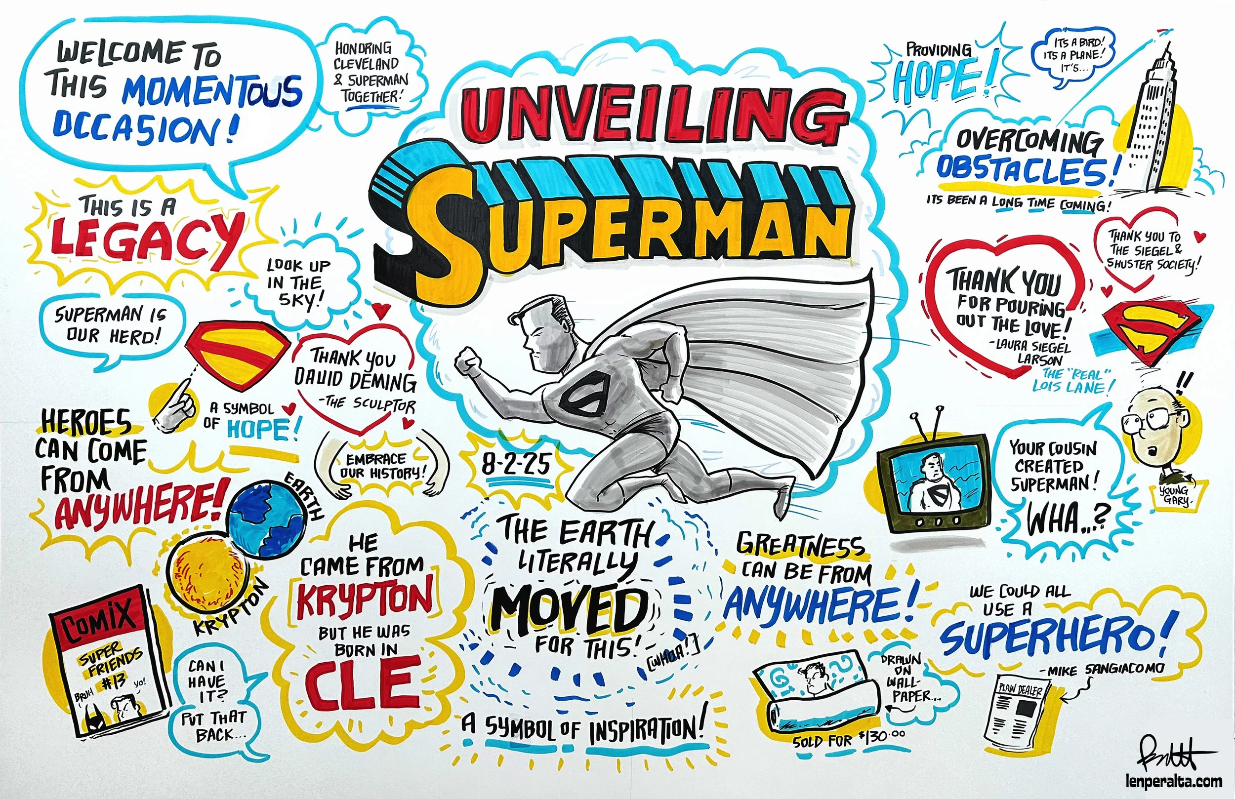 Colorful illustrated poster celebrating the unveiling of Superman with various comic-style bubbles and drawings, including Superman flying, a Heartful message of thanks, and references to superhero legacy, inspiration, and overcoming obstacles.