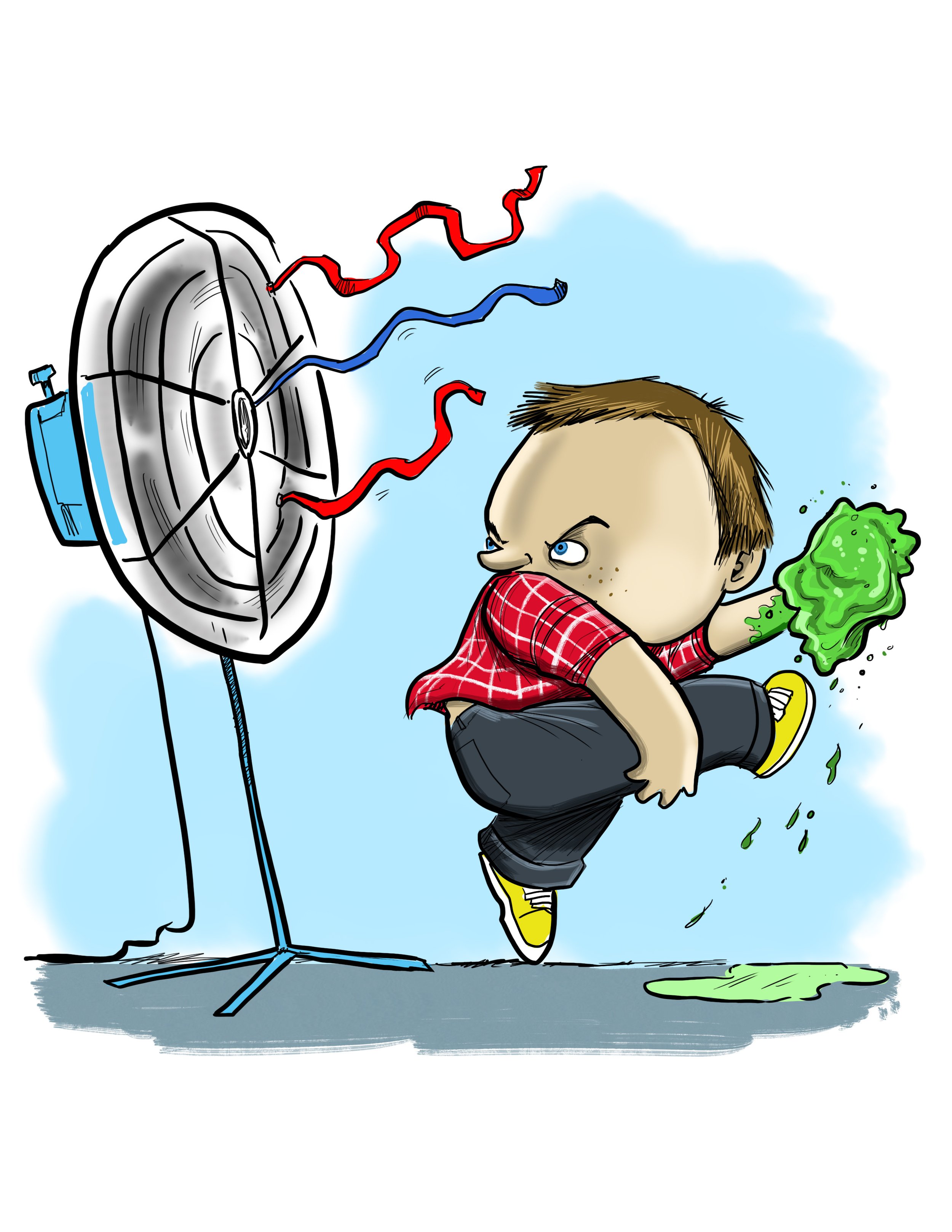 A cartoon boy in a red plaid shirt and yellow shoes kicks a green lettuce at a large fan, which blows the lettuce into the air.