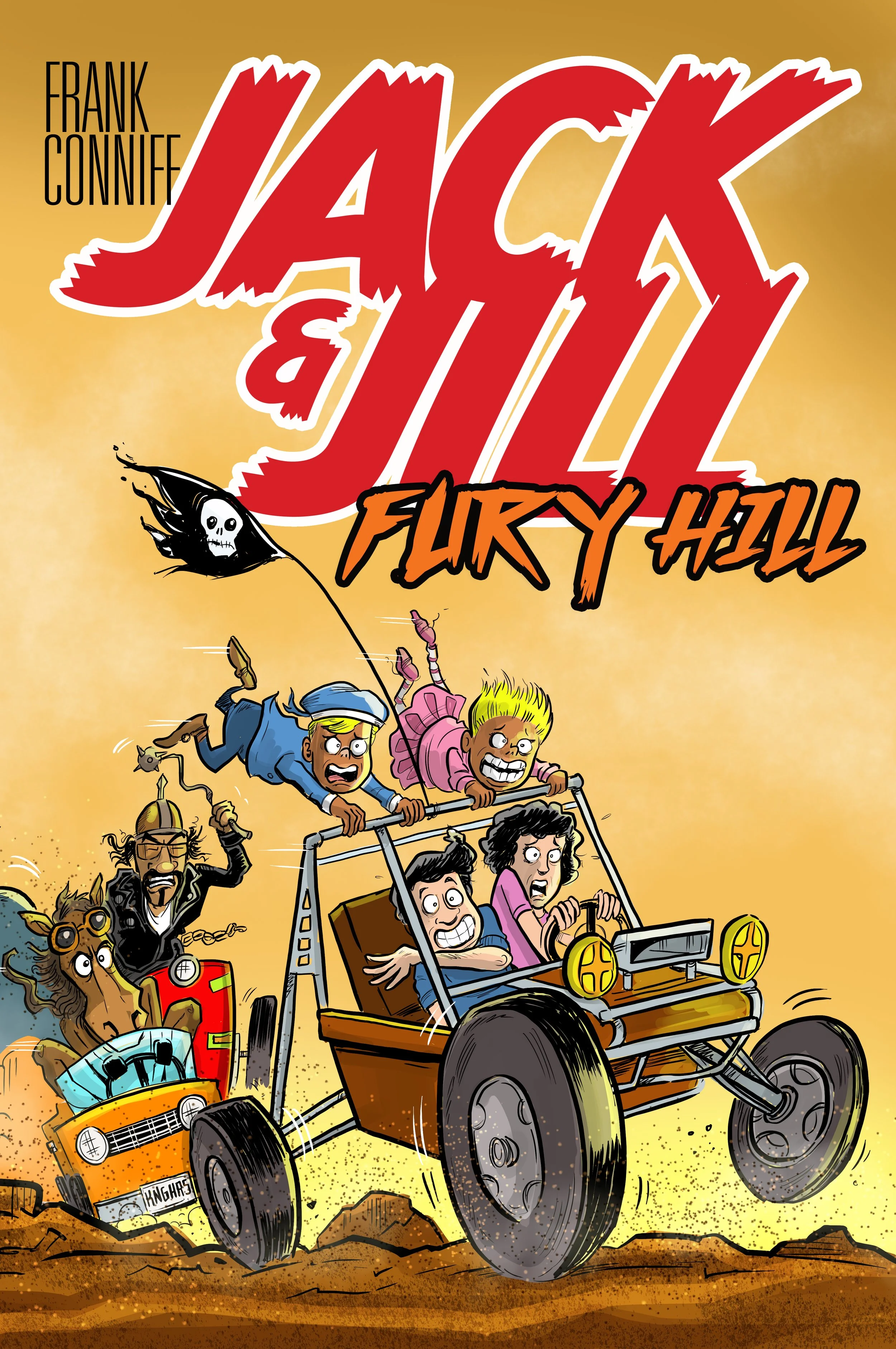 Comic book cover for 'Jack & Jill: Fury Hell' featuring characters riding in a rickshaw and a go-kart racing through dirt, with a skull-topped black flag and various roadside objects in a chaotic scene.