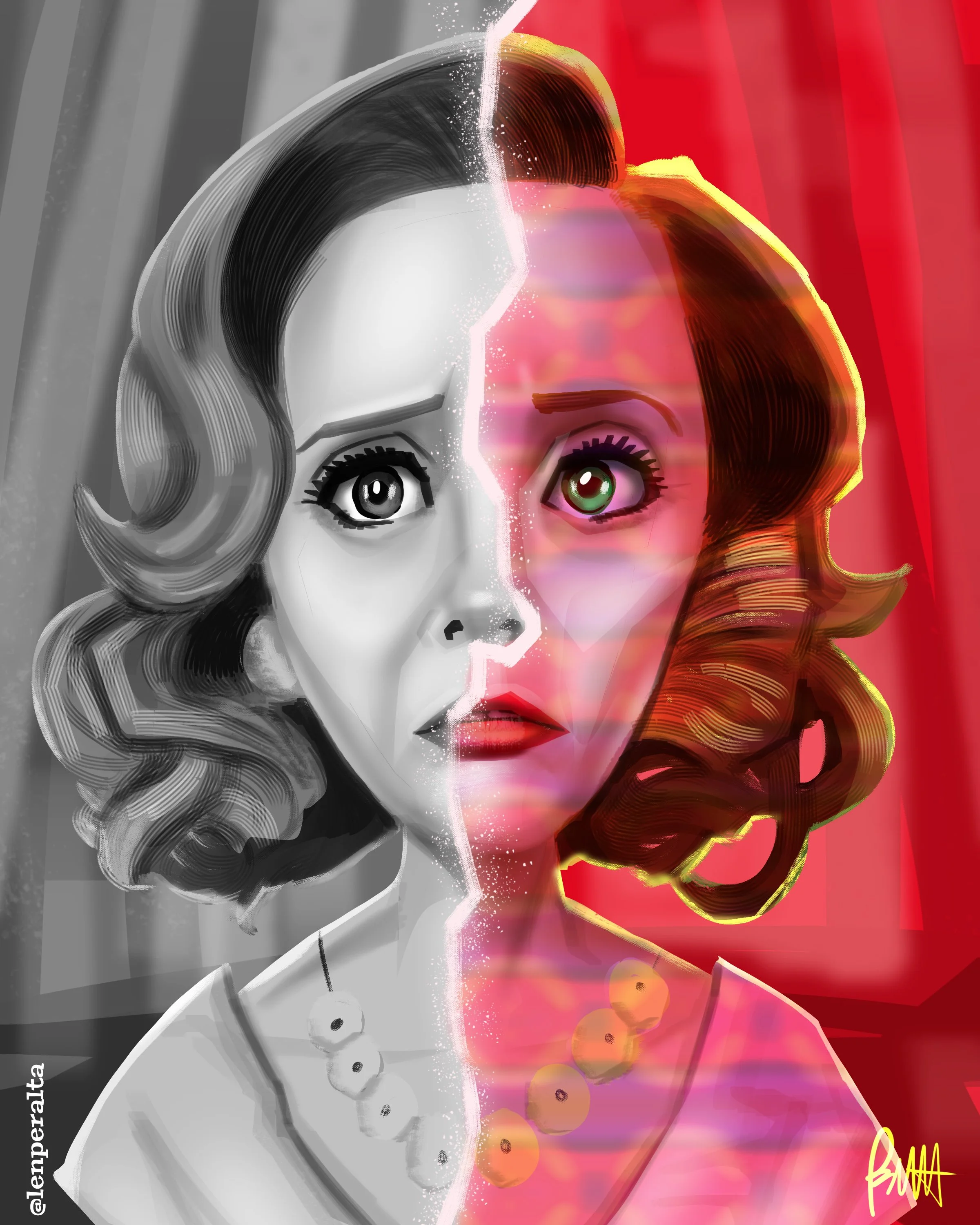 Digital artwork of a split image showing a grayscale portrait of a woman on the left and a colorful, stylized portrait of the same woman on the right, with vibrant red tones and artistic effects.