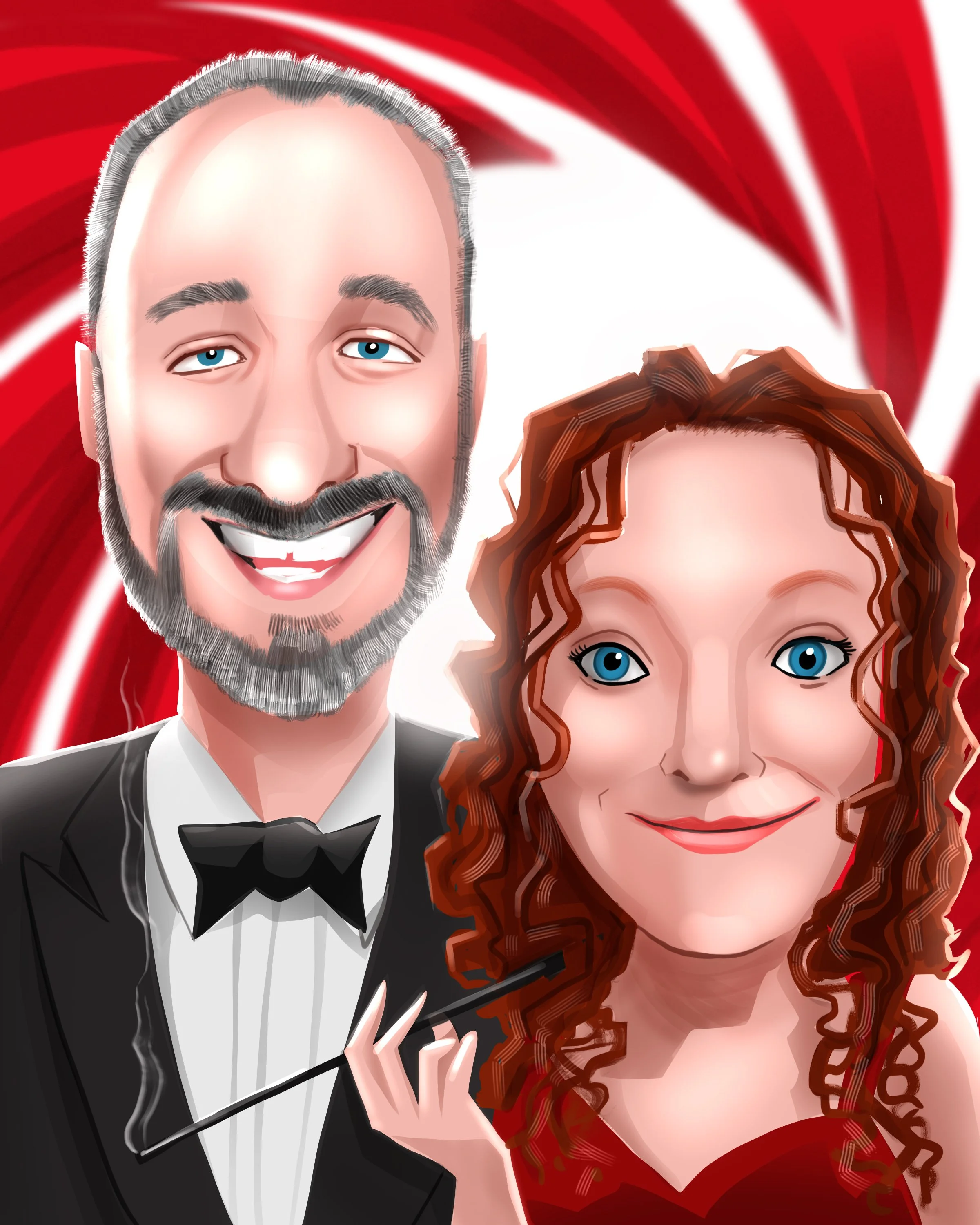 An illustration of a man with a beard, dressed in a tuxedo, holding a gun, and a woman with curly red hair dressed in red, holding a gun, against a red and white swirl background.
