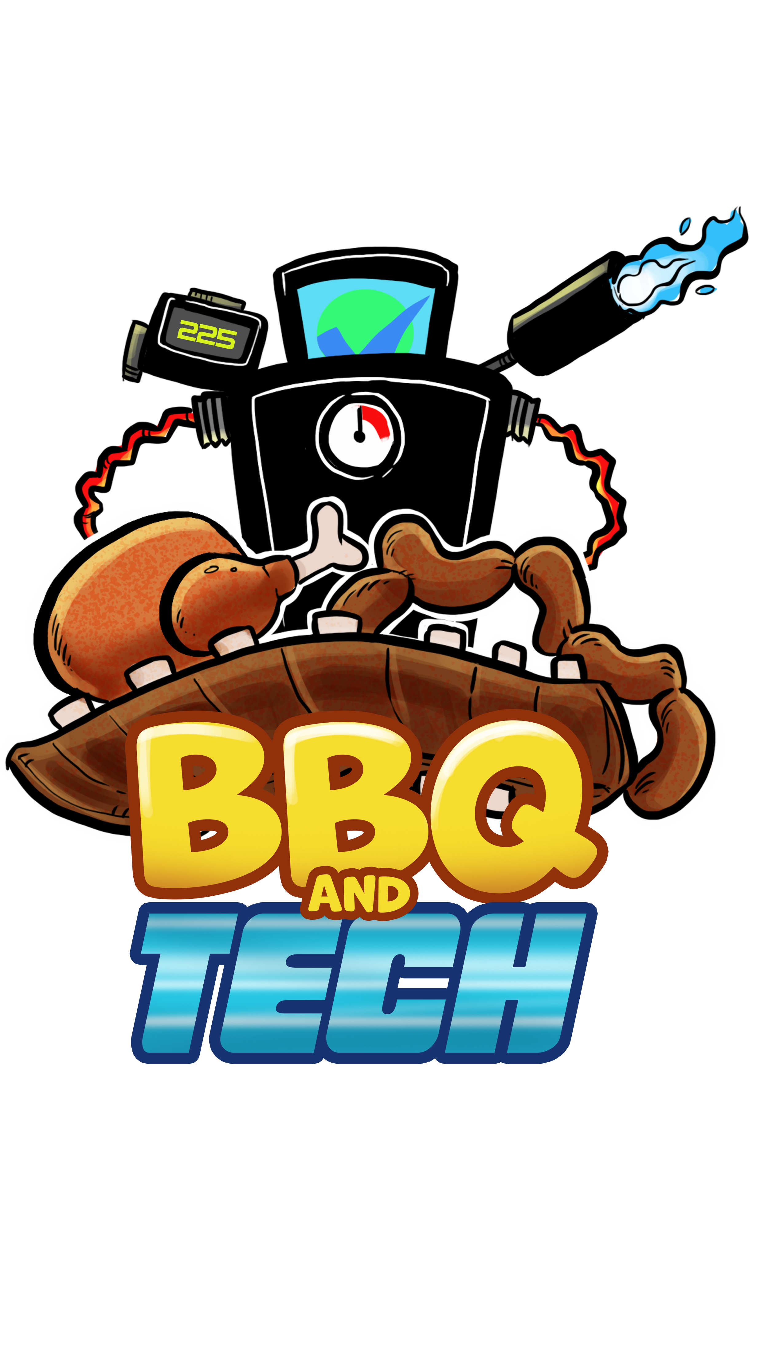 A cartoon image of a meat smoker with a thermometer, gauges, and-smoking chimney, with a grilled chicken and sausages on a wooden board, and the text 'BBQ and Tech' in bright yellow and blue font. Original design by Len Peralta