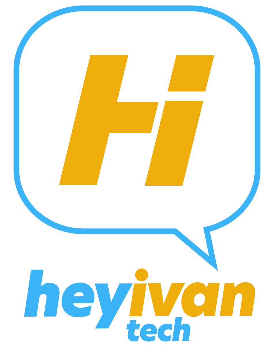 Logo of Hey Ivan Tech with a stylized yellow 'H' and 'I' inside a speech bubble and the words 'hey' in blue and 'ivan' in yellow with 'tech' in blue underneath. Original design by Len Peralta