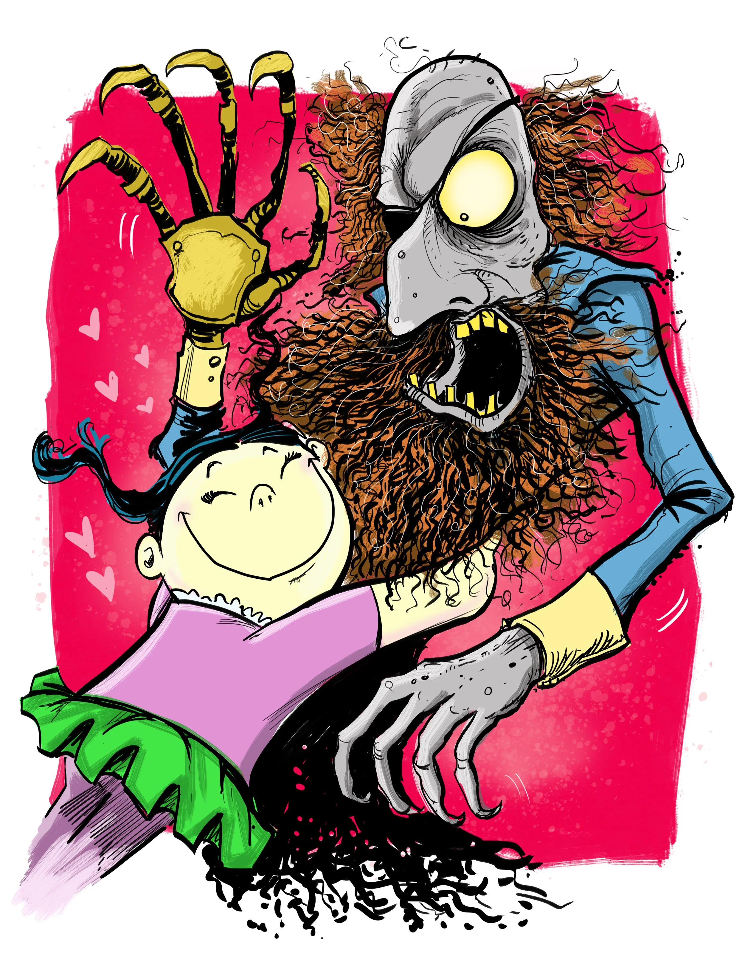 A cartoon-style illustration of a zombie with curly hair, large yellow eyes, and sharp teeth, wearing a blue shirt. It is holding a happy, smiling child with short black hair and a purple shirt, who is lying in the zombie's arms. The background is pink with small heart shapes.