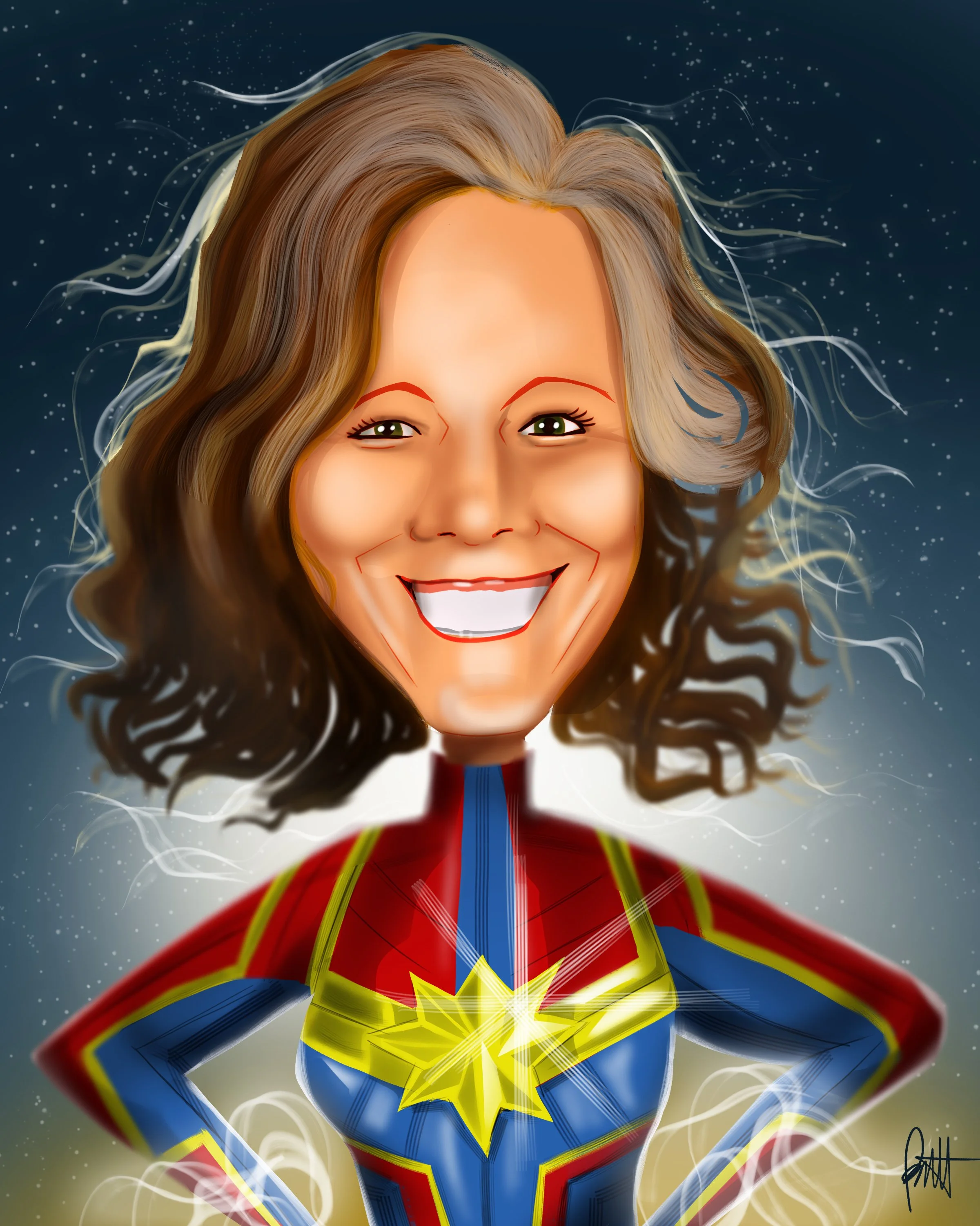 Digital illustration of a woman with curly hair, wearing a superhero costume with a star on the chest, in a dynamic pose against a starry night sky.
