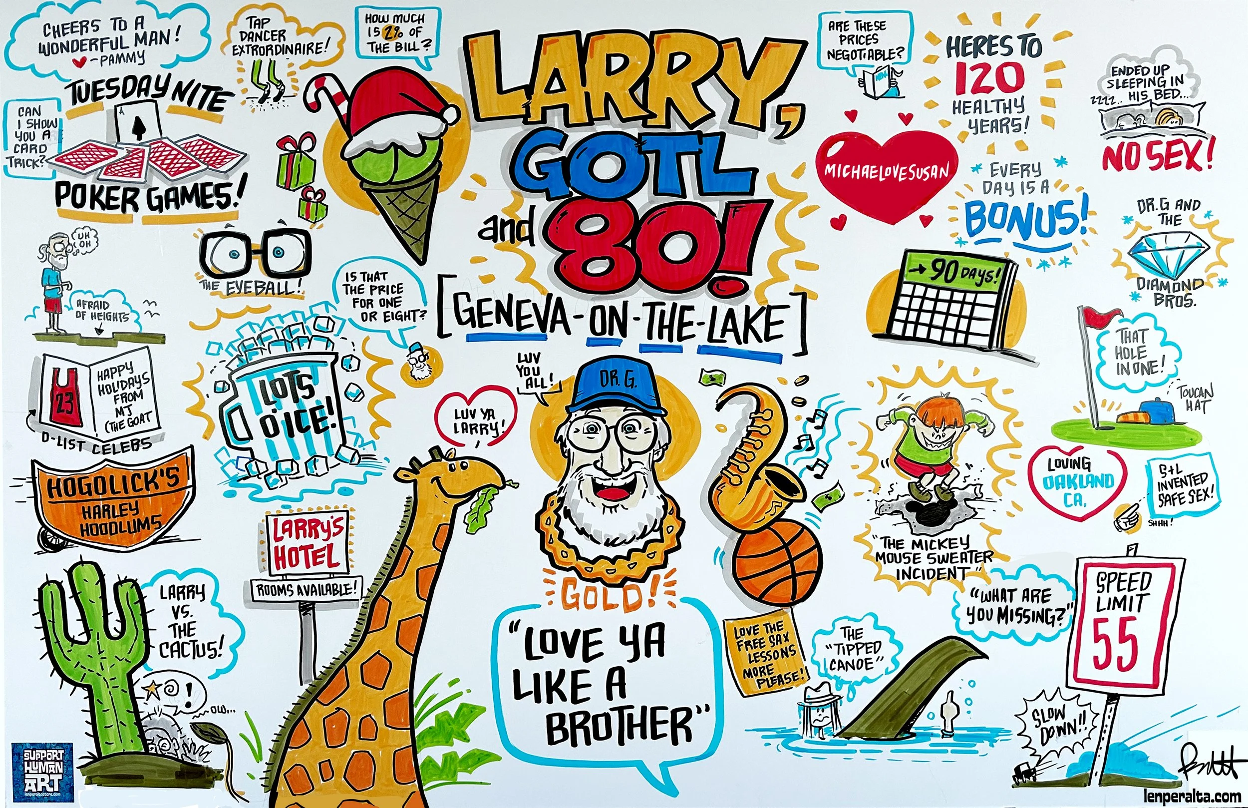 Colorful illustrated collage celebrating Larry, with various doodles and captions. Elements include a giraffe with a Santa hat, a cactus, a saxophone, a penguin, a birthday cake, a dice, a diamond, and cartoon characters. Captions reference highlights of Larry's life such as health, hobbies, humorous incidents, and personal achievements.