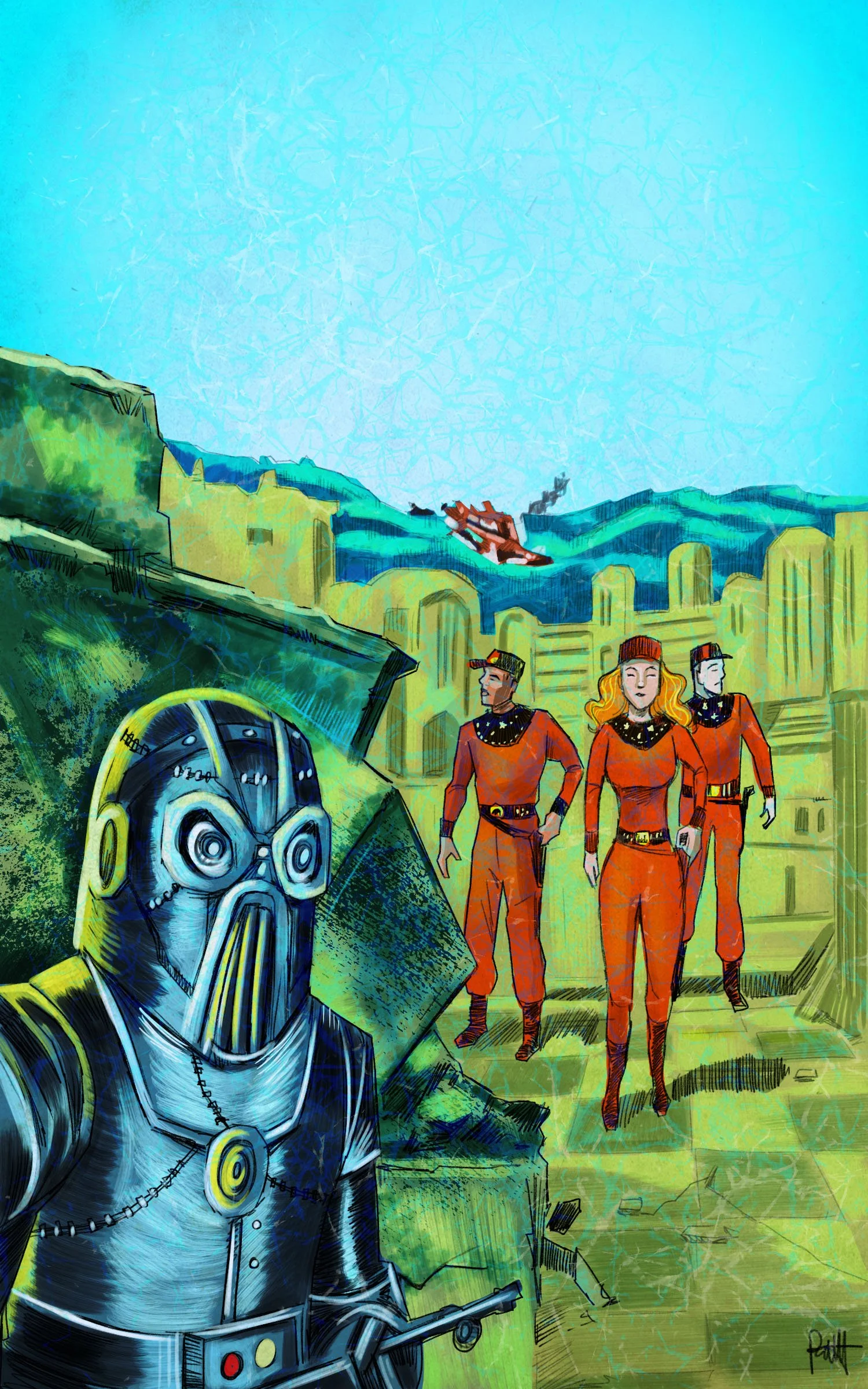 A science fiction illustration depicting a person in a detailed futuristic helmet in the foreground, three people dressed in red uniforms walking behind, a crashed spaceship in the sky, and ancient ruins in a landscape with clear blue sky.