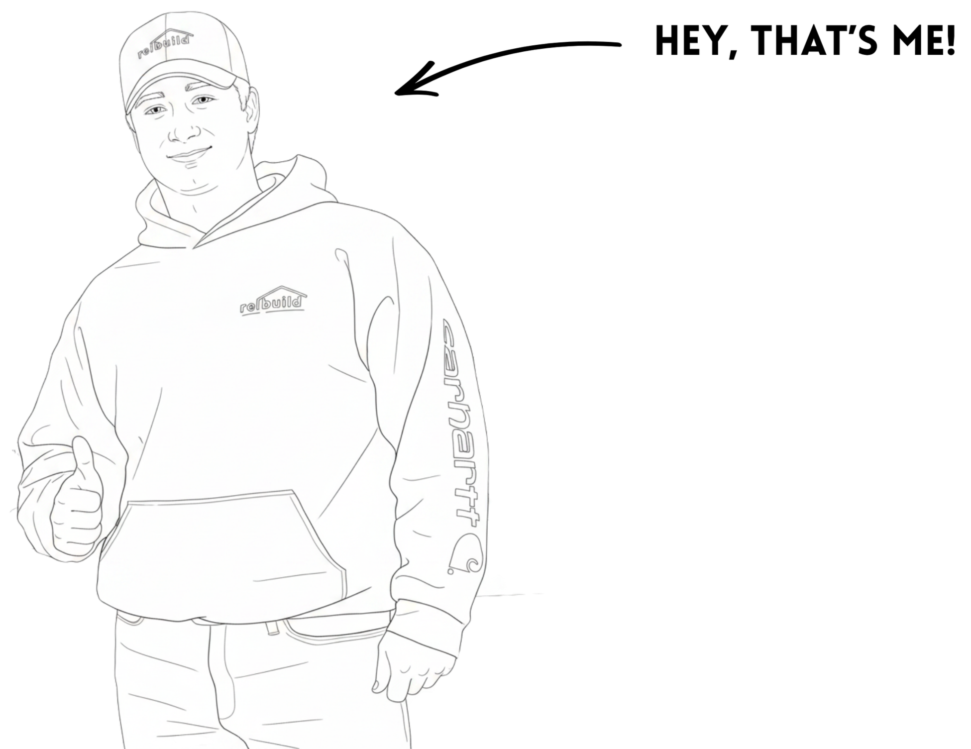 Marcus Tolic, owner of Rebuild, a contract+build company, wearing a hoodie and a baseball cap, giving a thumbs-up gesture, with a logo on the hoodie and cap.