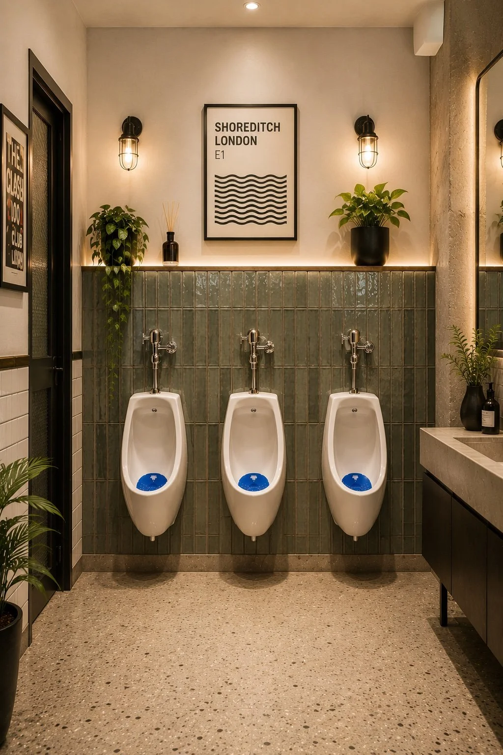 A men's restroom with three urinals on a green-tiled wall, decorated with potted plants, framed art, and wall-mounted lights.