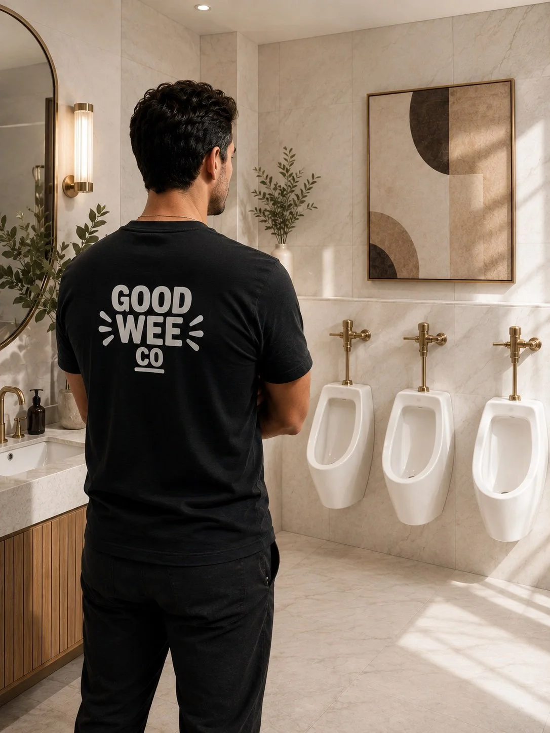 A man wearing a black T-shirt with 'Good Wee Co' on the back, standing in front of three urinals in a modern bathroom with beige tiled walls, a large square artwork, a mirror, a sink with soap, and greenery.
