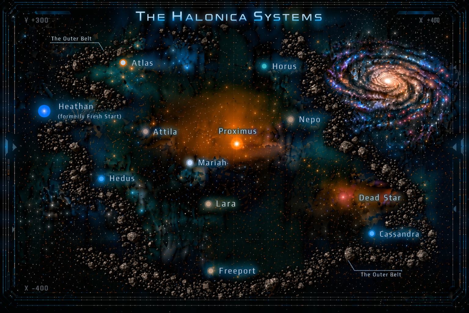 An illustrated cosmic map of the Halonica Systems, showing star clusters, nebulae, and the galaxy's spiral arms. Key locations include Proximus, Atlas, Heathen, Hedus, Mariah, Lara, and Cassandra. The map depicts the outer and inner belts with labels and visual representations of stars and asteroid belts.