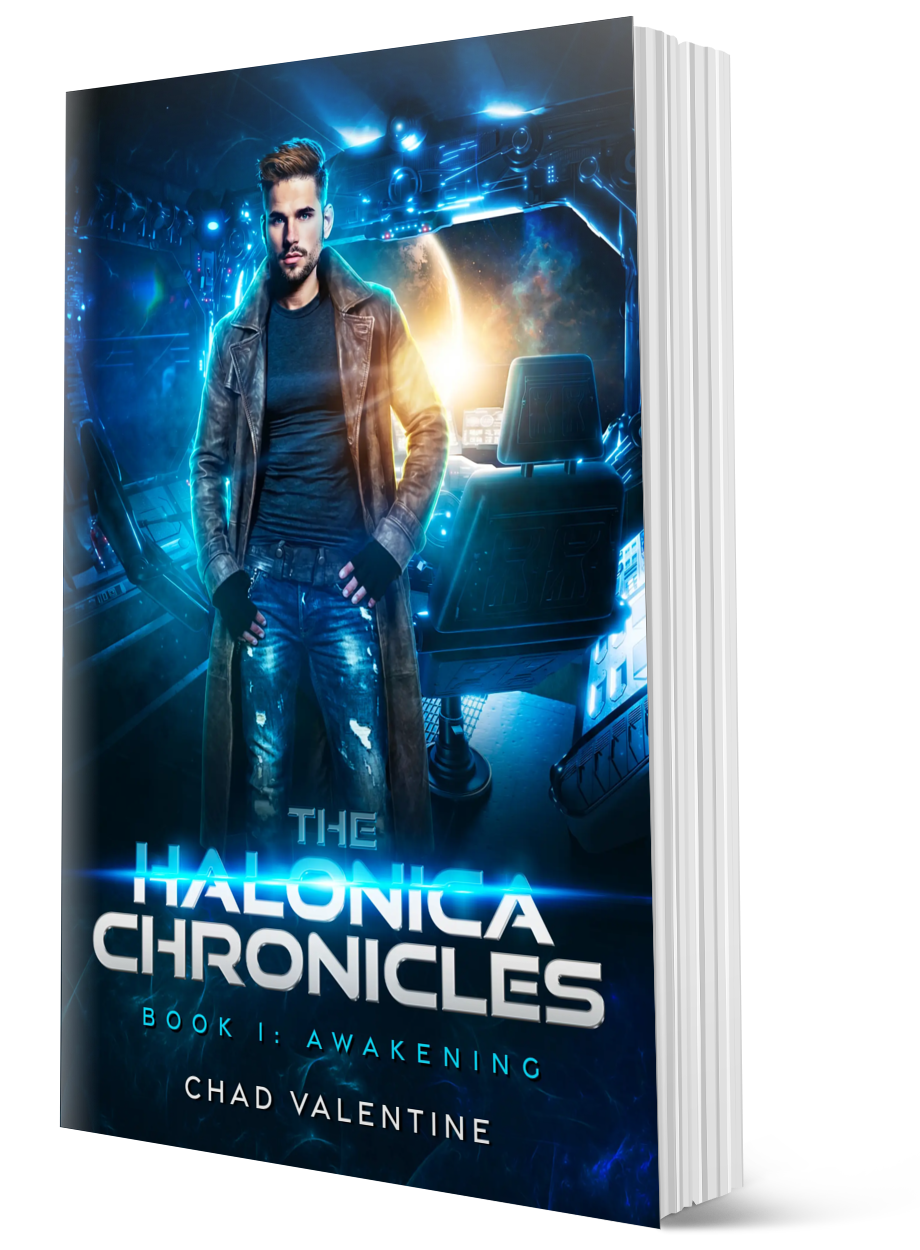 Book cover for 'The Halonica Chronicles: Book 1 Awakening' by Chad Valentine featuring a young man in a leather jacket standing inside a futuristic spaceship with a view of space and planets through the window.