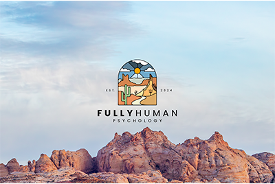 Logo for Fully Human Psychology featuring desert landscape with mountains and sky