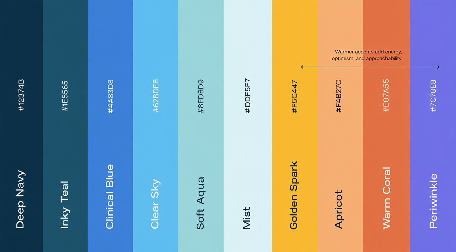 Color palette featuring 10 colors from deep navy to periwinkle, with hexadecimal codes and labels such as Deep Navy, Inkly Teal, Clinical Blue, Clear Sky, Soft Aqua, Mist, Golden Spark, Apricot, Warm Coral, and Periwinkle. An annotation indicates warmer accents add energy, optimism, and approachability.