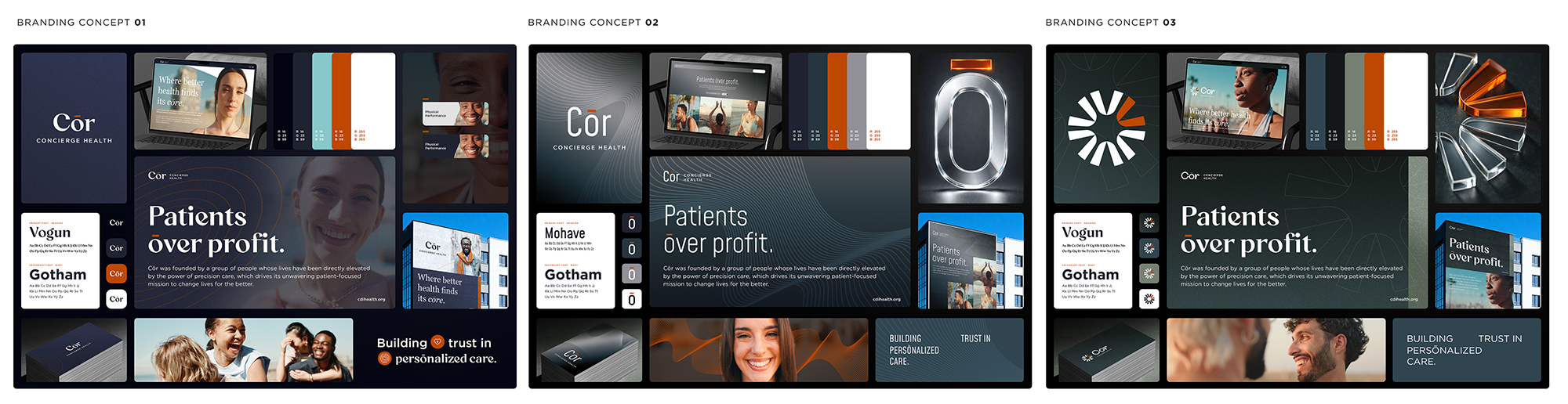 Three branding concept layouts for Cor Concierge Health. Each layout includes images of diverse people, digital screens, color palettes, and graphics emphasizing personalized care and trust in healthcare services.