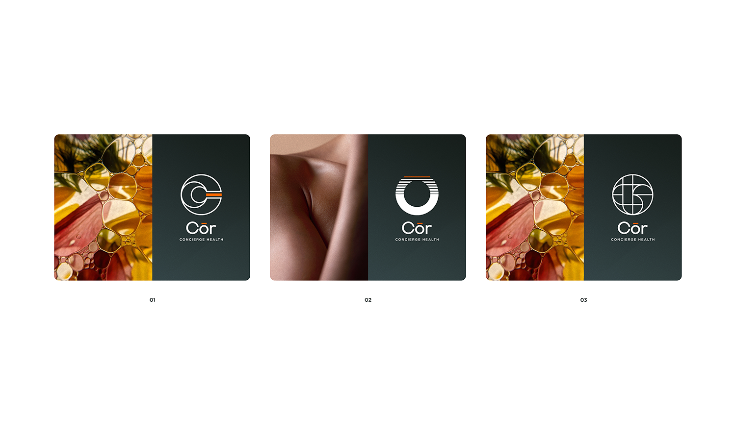 Three panels showcasing branding for Côr Concierge Health, including abstract designs, a close-up of a shoulder, and a logo, with the middle panel featuring a close-up of a shoulder.