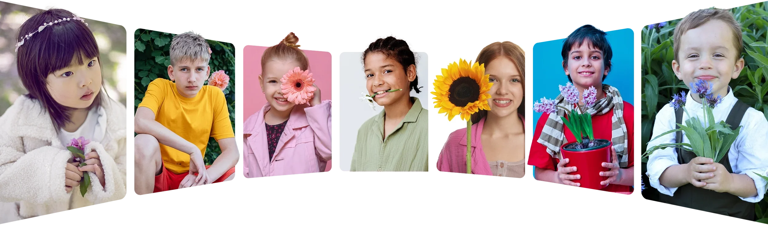 A collage of eight children from diverse backgrounds, each holding or interacting with flowers, smiling or thinking, in various colorful backgrounds.