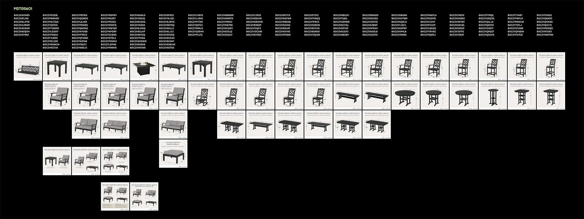 Image showing various furniture pieces arranged in rows. Includes tables, chairs, benches, and ottomans, all in black and white photos.