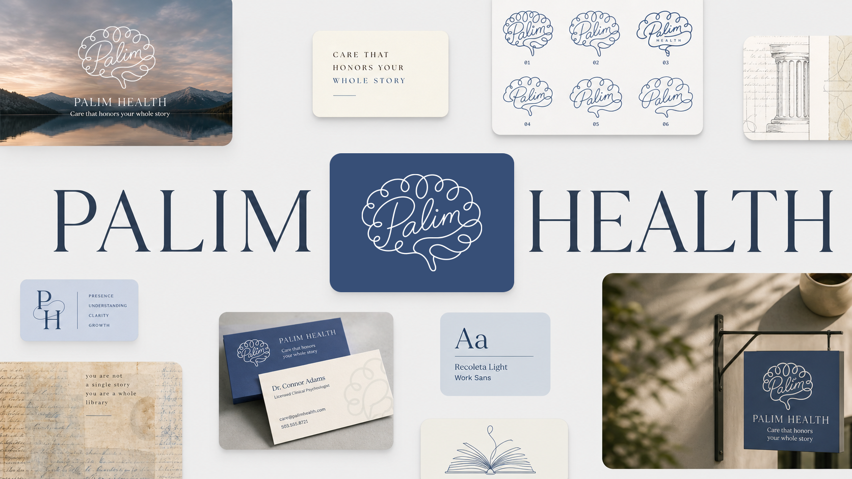 Branding and marketing materials for Palm Health, including logo variations, business cards, signage, and promotional items, with a nature-themed logo featuring a brain with a leaf and the tagline "Care that honors your whole story."