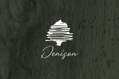 A white logo featuring a stylized tree with horizontal lines on a dark green wooden background, with the word 'Denison' written below in cursive.