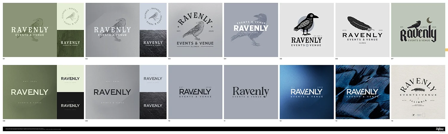 Collection of various logo designs for Ravenly Events & Venue, featuring bird illustrations, different font styles, and color schemes.