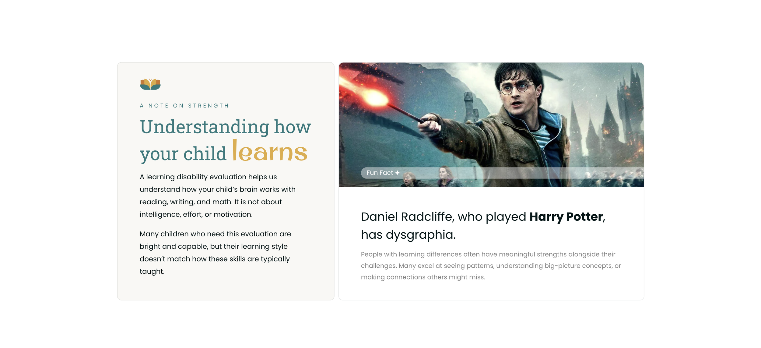A webpage titled 'Understanding how your child learns' features a section with text explaining learning disabilities and a photo of Daniel Radcliffe as Harry Potter casting a spell, with a background of a battle scene from the Harry Potter movies.