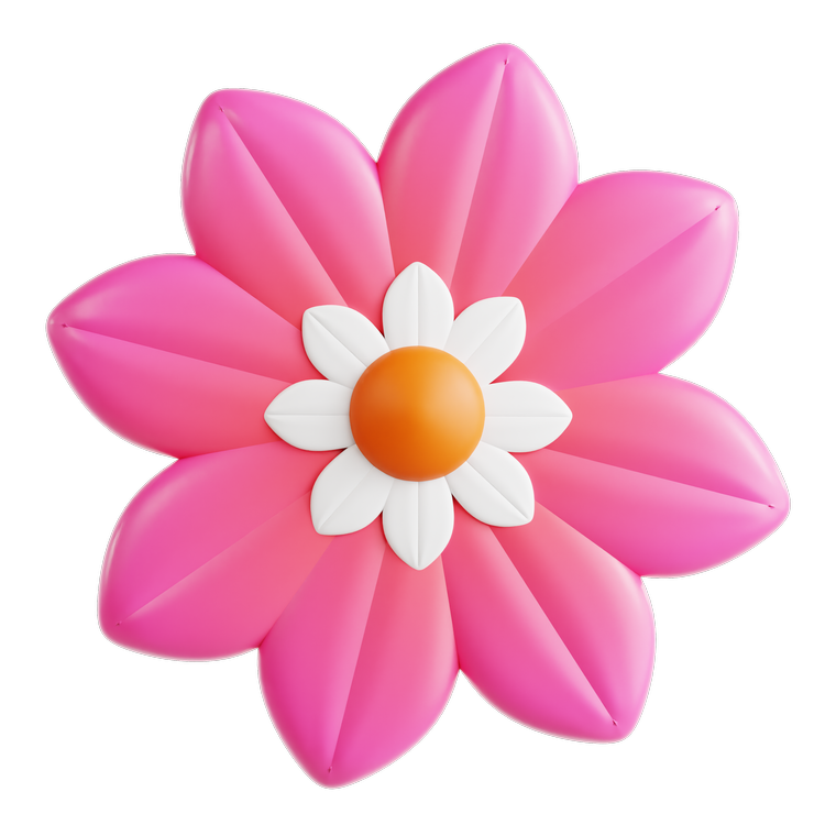 Pink flower-shaped object with white petals and an orange center on a black background.