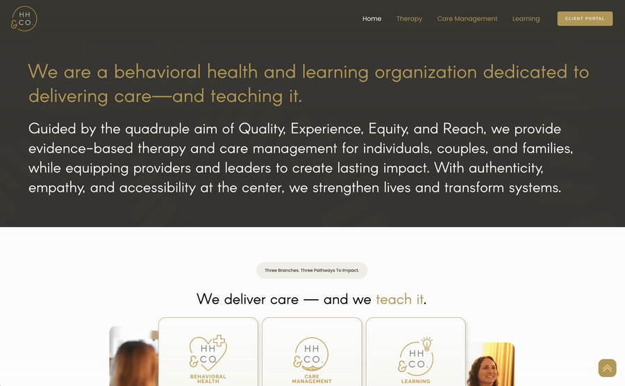 Screenshot of a website homepage for HH & CO., a behavioral health and learning organization. The page features a header menu with links to Home, Therapy, Care Management, Learning, and a Client Portal button. The main text states their mission to deliver and teach care, emphasizing qualities like Quality, Experience, Equity, and Reach. There are icons and descriptions for their three branches—Behavioral Health, Care Management, and Learning—with a photo of a smiling woman at the bottom right.